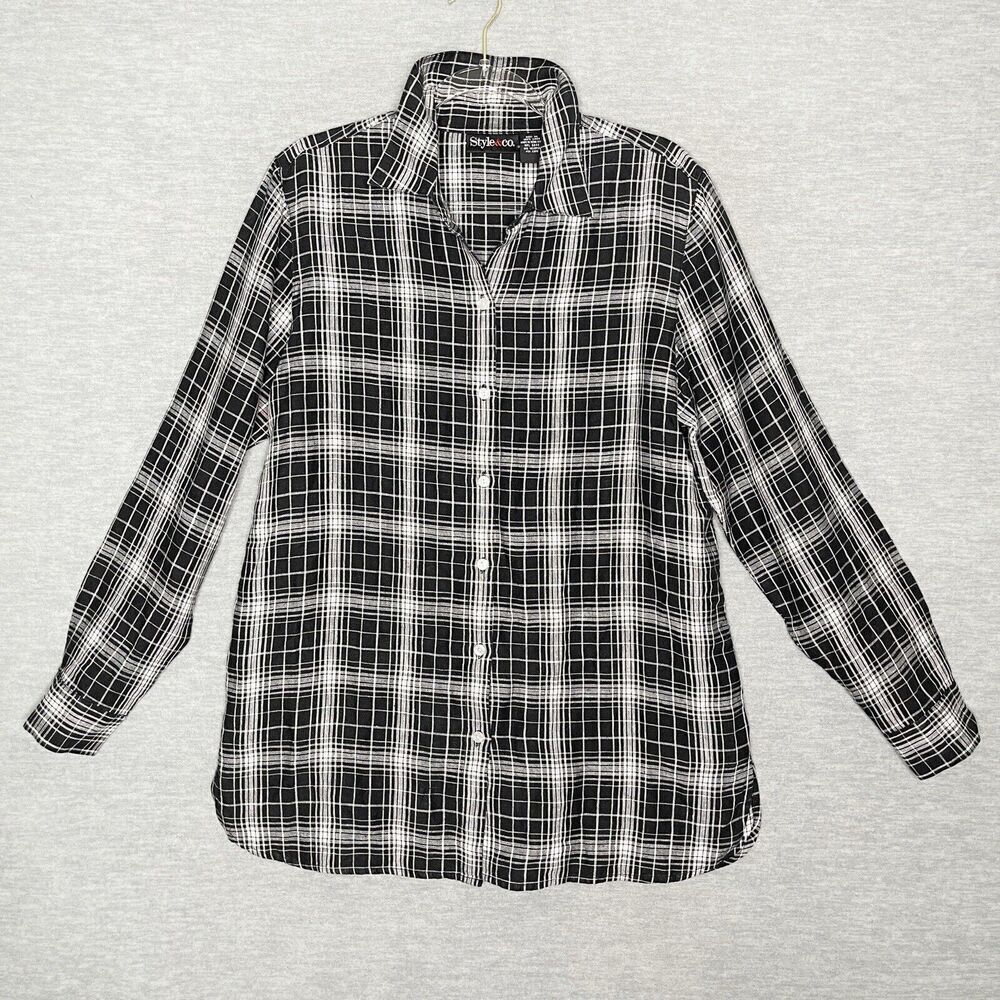 Style & Co 100% Linen‎ Tunic Top Blouse Size Medium Black White Plaid Shirt